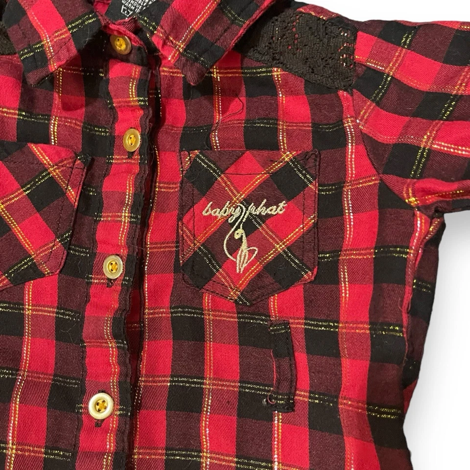 Top túnica con botones Baby Phat bebé niña 18 meses rojo a cuadros informal academia Y2K Foto 4 de 4