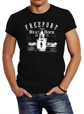 Herren T-Shirt Retro Print Leuchturm Motiv Schriftzug Freeport Island Fashion
