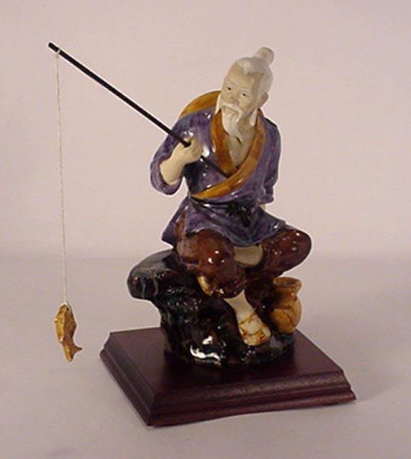 VTG JAPANESE FISHERMAN FIGURINE WITH POLE AND FISH AND POT-8" TALL