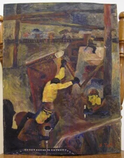 Antique Oil Painting Art Modernist Steel Factory Workers Ashcan Outsider WPALike