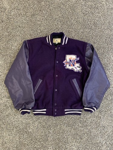Vintage 80s 90s Maverick Letterman Varsity Purple Wool Leather Jacket Sz M Adult