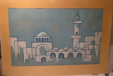 1960 Minimalism Middle East Cityscape Pastel Drawing Signed HALL UNFRAMED!!!