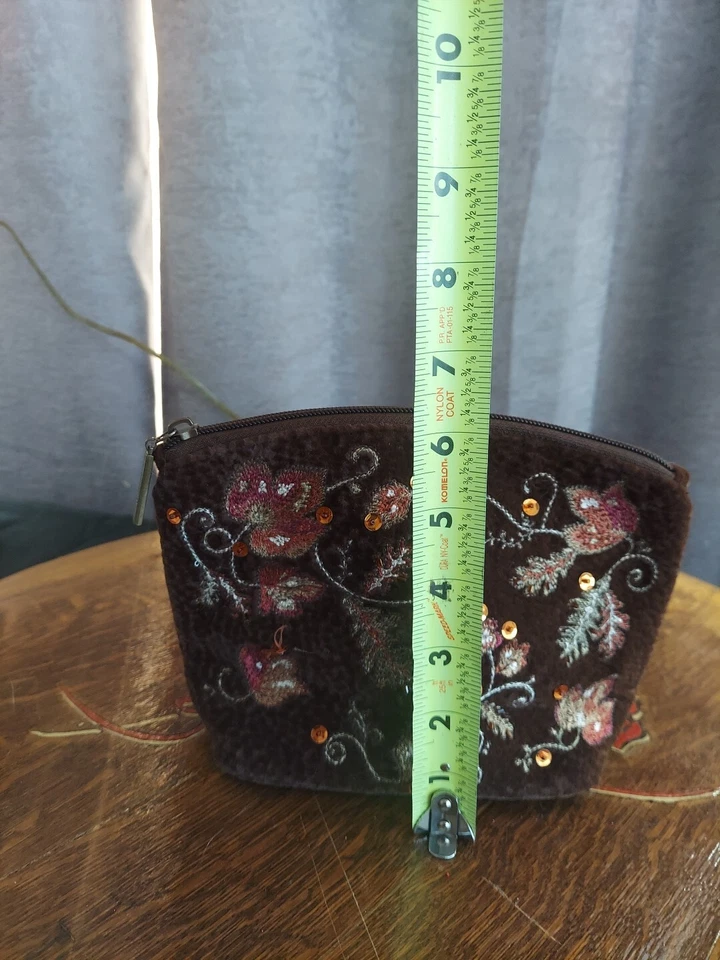 Bath and Body Works Makeup Cosmetic Bag Brown Floral Embroidered Sequin 8" x 6" - Image 3 of 4