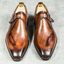 Tailormade Men's Tan Leather Classic Single Monk Dress Shoes For Funcation Shoes