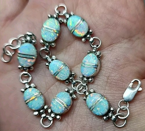 Navajo Lorenzo Secatero Sterling Opal Inlay Link 8¾" Bracelet 16g Southwest Vtg - Picture 22 of 24