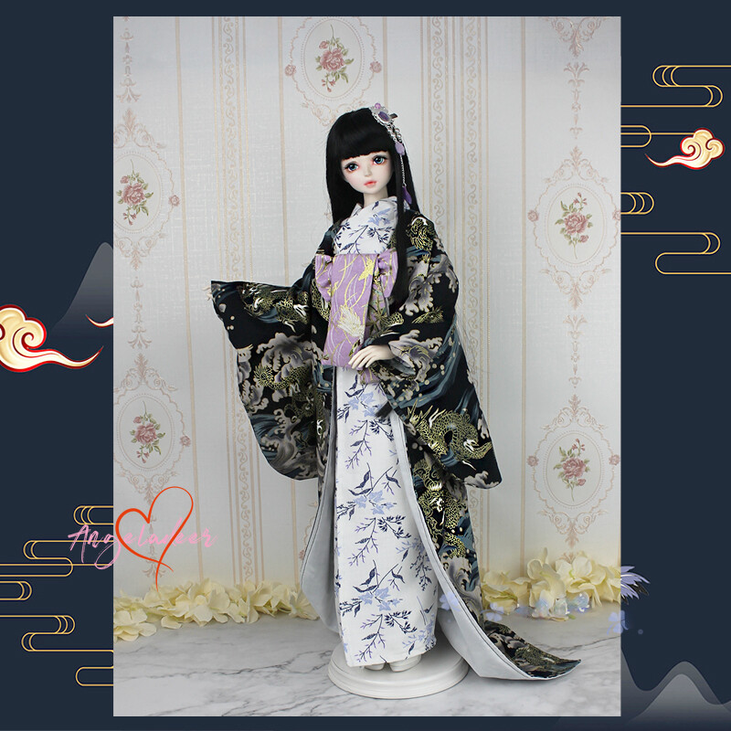 OB27 1/6 1/4 1/3 BJD Black Kimono Blonde Dragon 2*Robe+Waistband+