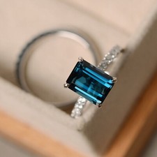 Emerald Cut London Blue Topaz Ring birthstone Ring With Band 925 Silver Ring