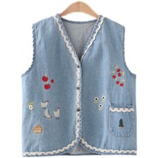 Women Denim Waistcoat Vest Cute Embroidery Lace Jeans Tops Japanese Preppy
