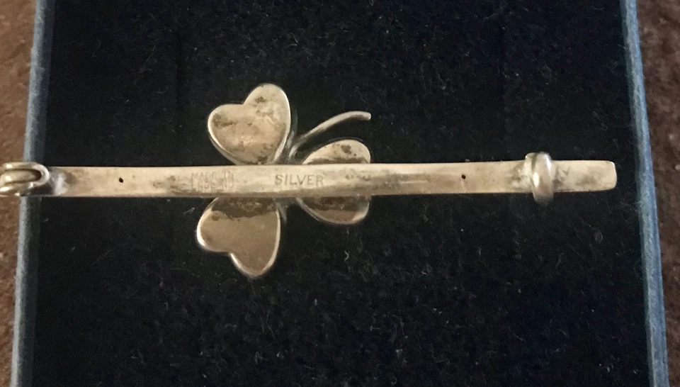 PLATA REAL ESTAMPADA VINTAGE/ANTIGUA? Broche trébol barra suerte con piedras verdes Foto 3 de 3