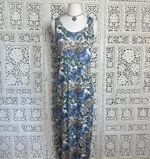 Vtg Basic Editions Natural Earthy Floral Boho Cottagecore Jersey Midi Dress Sz S