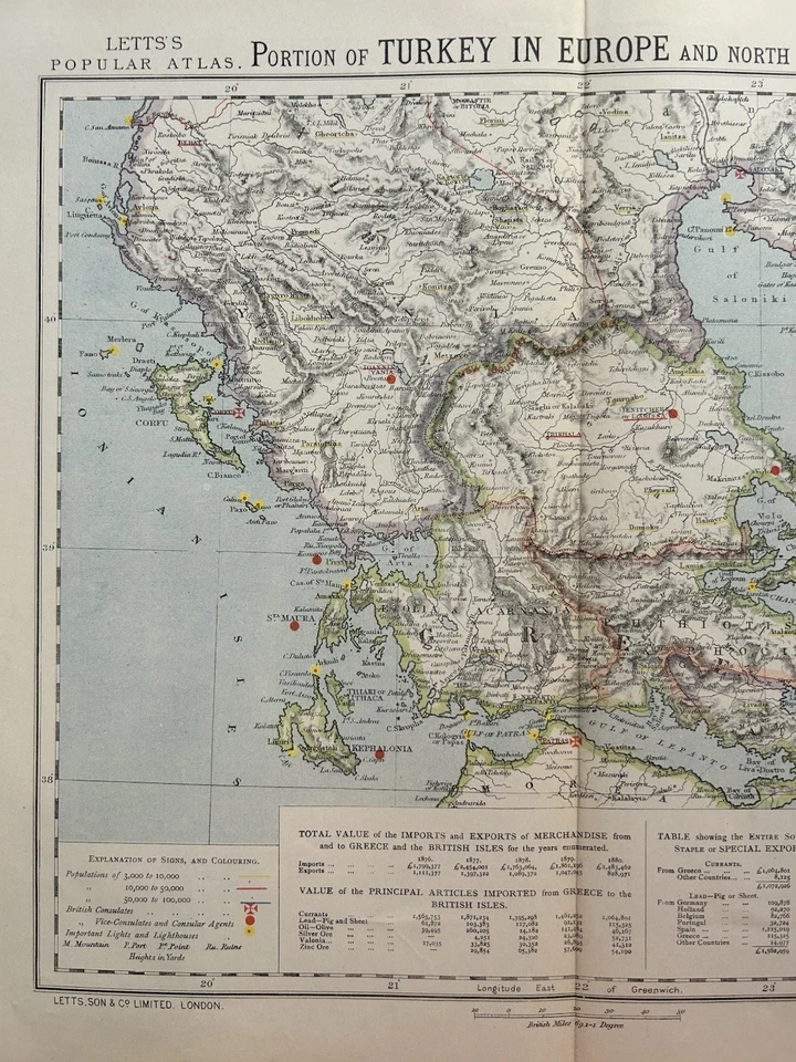 Mapa a color antiguo original de Grecia del norte de 1883 por Letts Foto 2 de 3