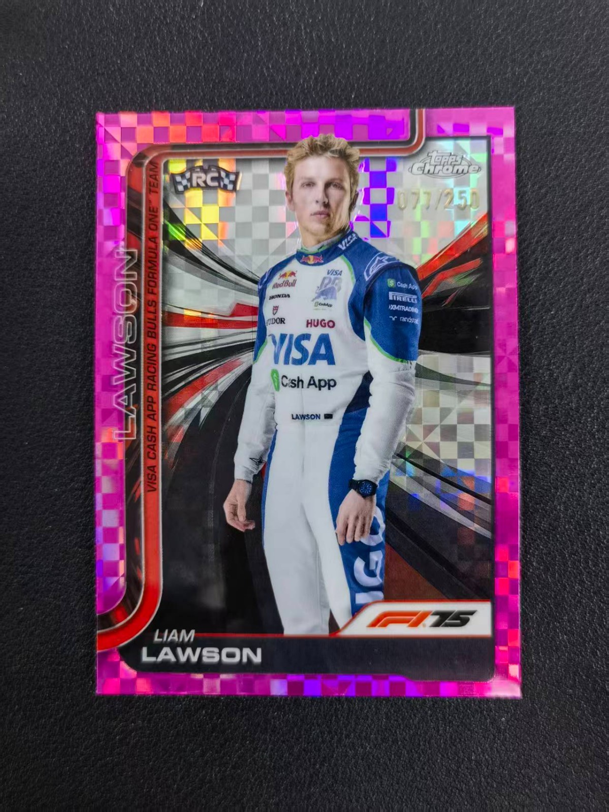 2025 Topps Chrome F1 Liam Lawson RC Pink Checker Flag 77/250 #11 WTS