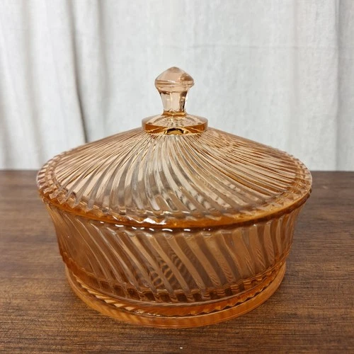 Vintage Federal Diana Pink Glass Covered Candy Dish 6-Inch Ribbed Design W Lid