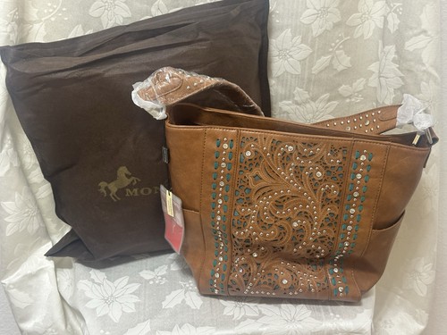 New Montana West Tan Shoulder Bag With Studs And Turquoise Accents  B182-5550