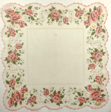 Vtg Hankie 14x14 NOS Floral, red/pink roses pink scalloped border H498
