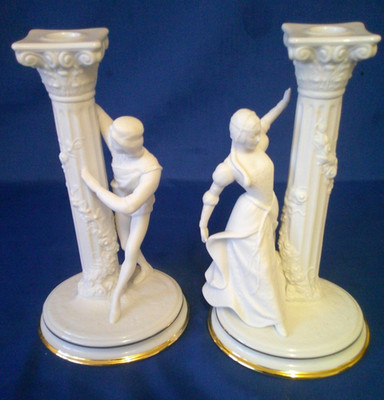 Vintage 1980er Franklin Mint Romeo & Julia Set Biskuit Porzellan Kerzenständer