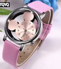 NEW DISNEY MICKEY TRANSPARENT DIAL WATCH FAUX LEATHER STRAP 8 DIAMANTÉS ~ PINK
