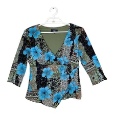 Vtg AGB Women's Blue Green Floral Sequin Babydoll Blouse Y2K Fairy Grunge Sz M