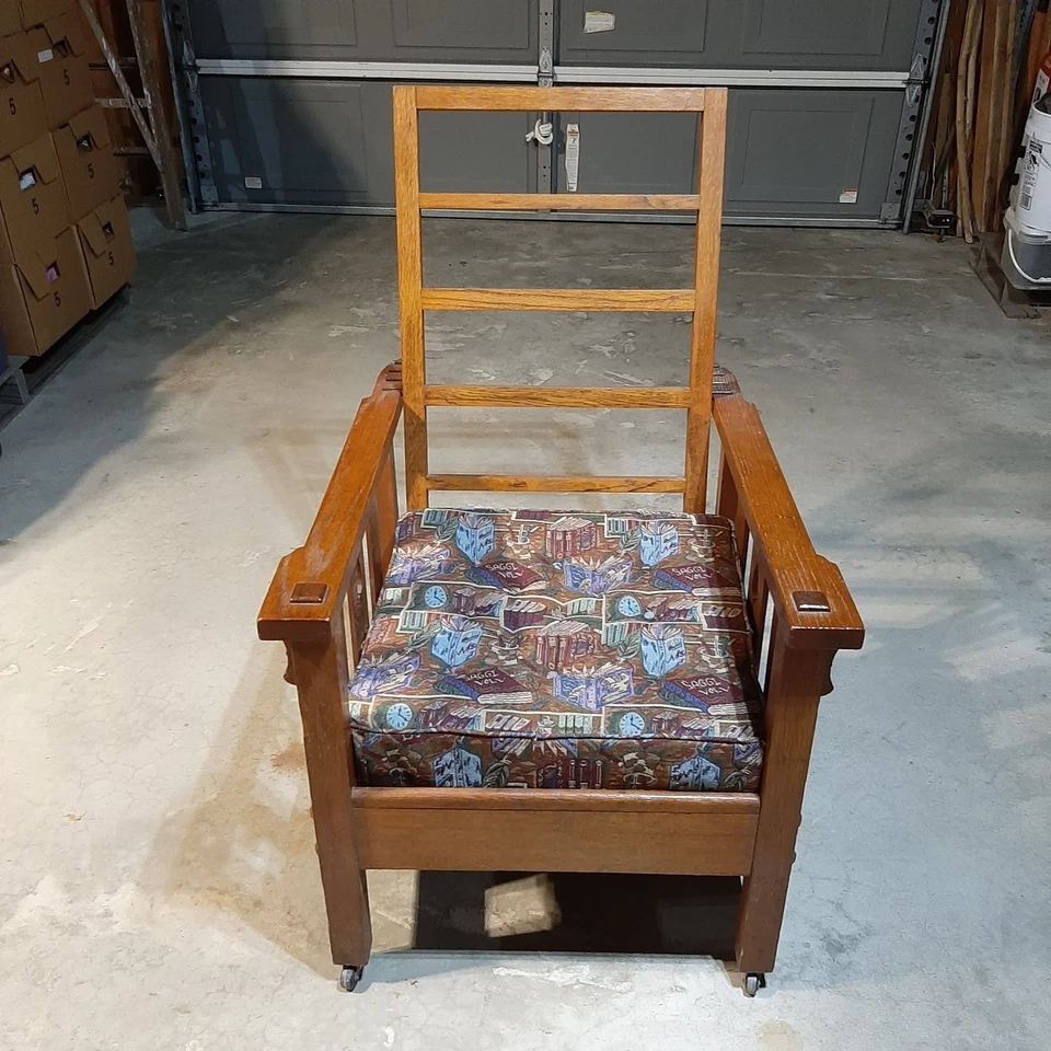 Silla Morris antigua Arts & Crafts Mission roble con cojines de tela Foto 3 de 4