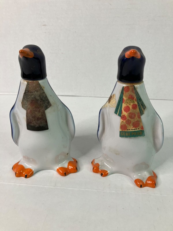 Pair Of Vintage Russian Lomonosov Porcelain Penguin Decanters