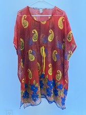 MINI DRESS Women One Size Poly See-through Red Paisley Pull Over Sort Sleeve