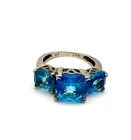 Vintage Signed 925 Sterling Silver Cushion Cut Blue Topaz Three Stone Ring