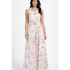 Ellie Tahari Sleeveless Button Up Maxi Shirt Dress with Belt Floral White Pink 8