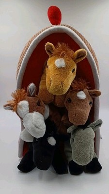 Unipak Red Plush Barn With Five Plush Horses Baby Toddler Take Along Toy 