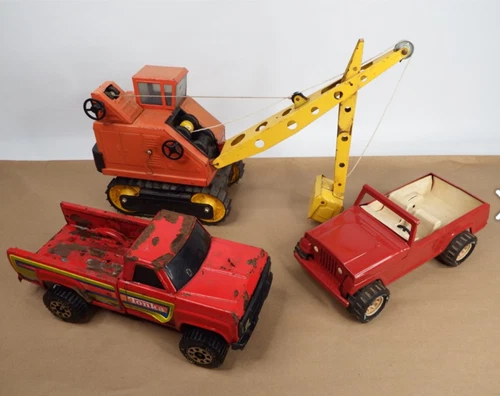 Vintage Pressed Steel Tonka Pickup Truck, Jeep, and Nylint Excavator