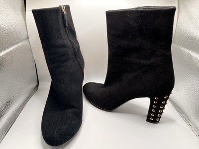 Gucci Melville Black Suede Studded Heel Ankle Boots 37.5 Gold Block Heel Booties