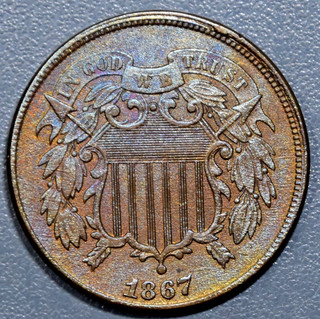 1867 2C UNION SHIELD TWO CENT PIECE KM# 94 Grade: XF/AU A7301