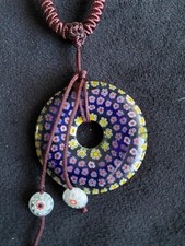 Multicolor Glass Round Circle Donut Pendant Adjustable Brown Cord Necklace