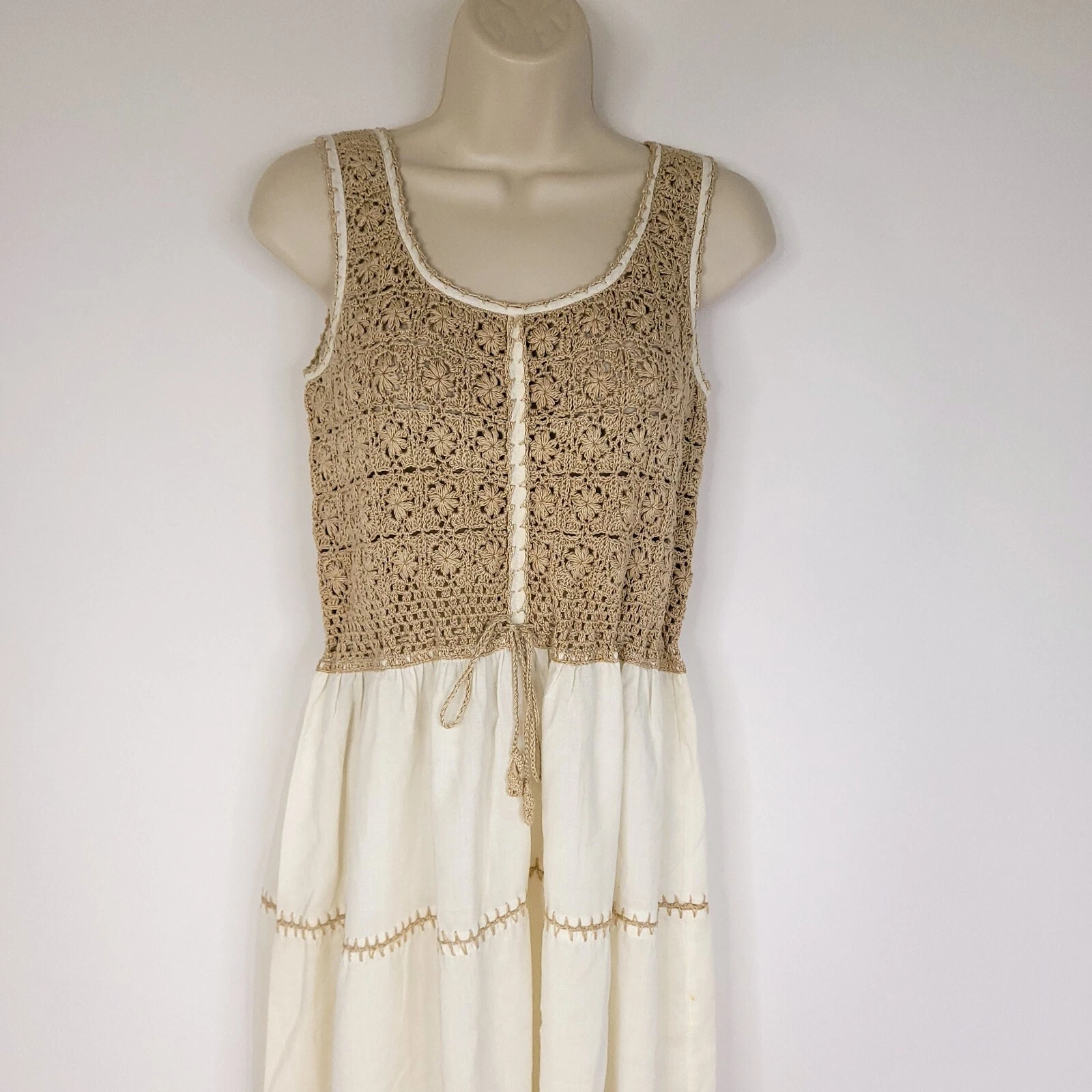 OFF WHITE Abito vintage uncinetto donna M marrone bianco sporco floreale senza maniche ricamato LEGGI