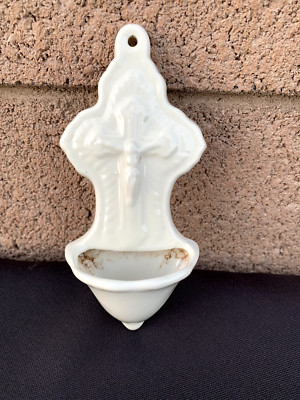 VINTAGE 6'' HOLY WATER FONT PORCELAIN RELIGIOUS CROSS CRUCIFEX