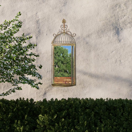 Large Rustic Metal Bird Cage Shaped Green Garden opening Mirror New 70cm X 26cm - Picture 2 of 2