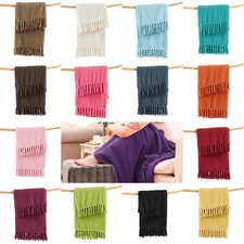 Boho Knitted Throw Blanket – Tweed Texture, Tassels, Lightweight Couch Bed Decor