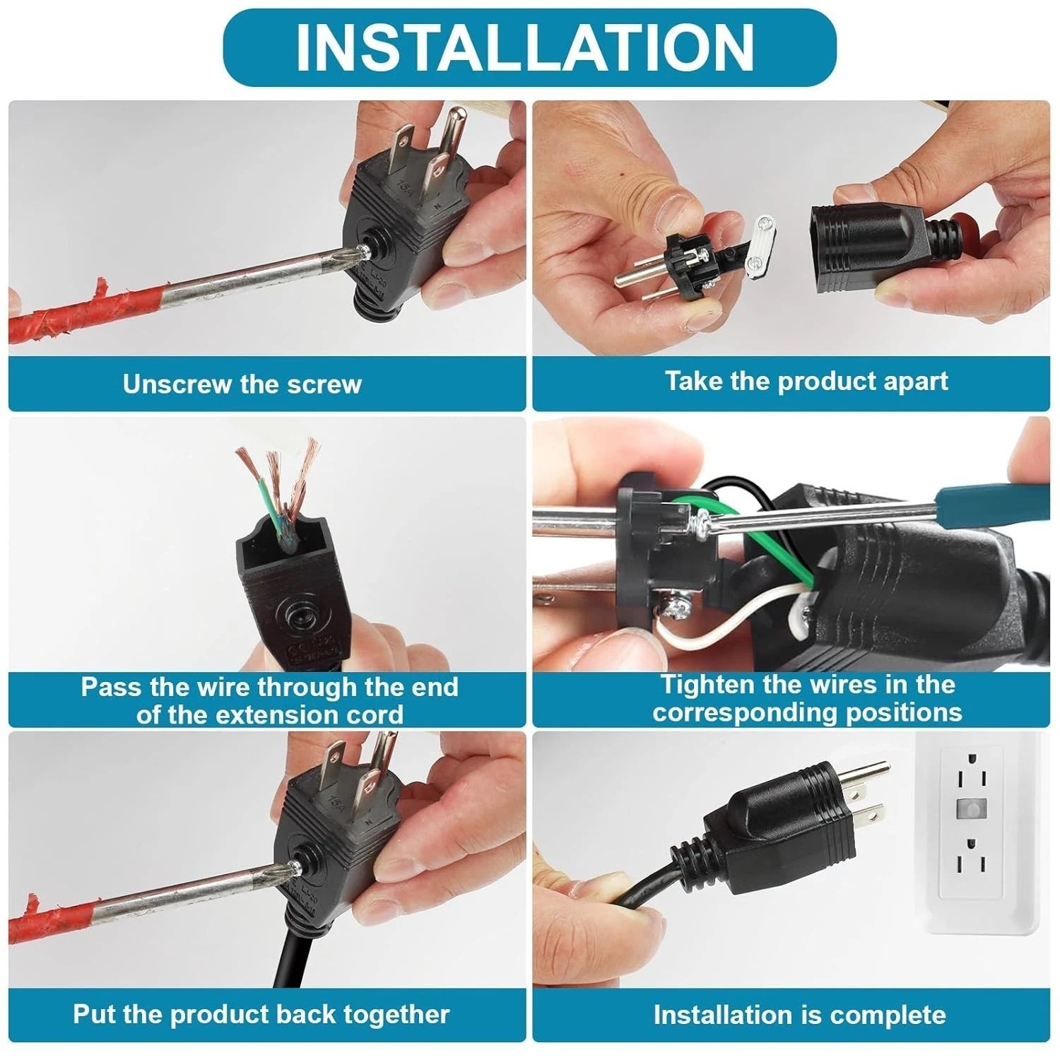 3-Pack 3 Prong Male Replacement Plugs 125V 15A Extension Cord