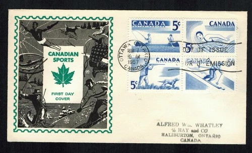 Canada #365-68 1957 5¢ Sports se-tenant block on Caneco private cachet FDC