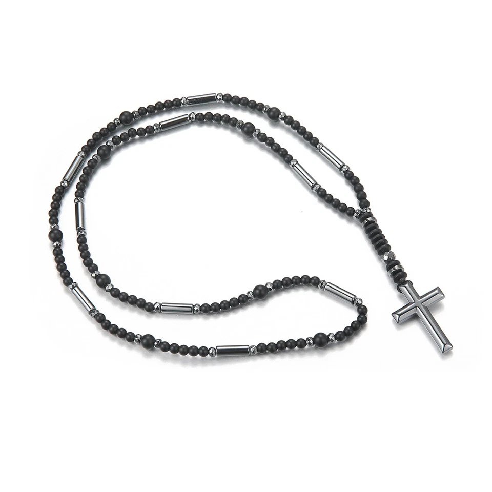 Collana pietra naturale onice croce ematite rosario donna uomo di moda - Immagine 3 di 3