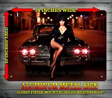 Elvira Mistress of the Dark on Macabre Hot Rod Metal Sign Wall Art 10" x 14"