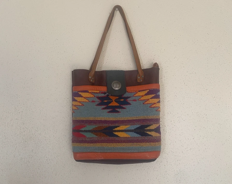 Bolso Cartera Grande Hecho a Mano Calidad Personalizado Patrón Azteca Suroeste Lana y Cuero Foto 3 de 4