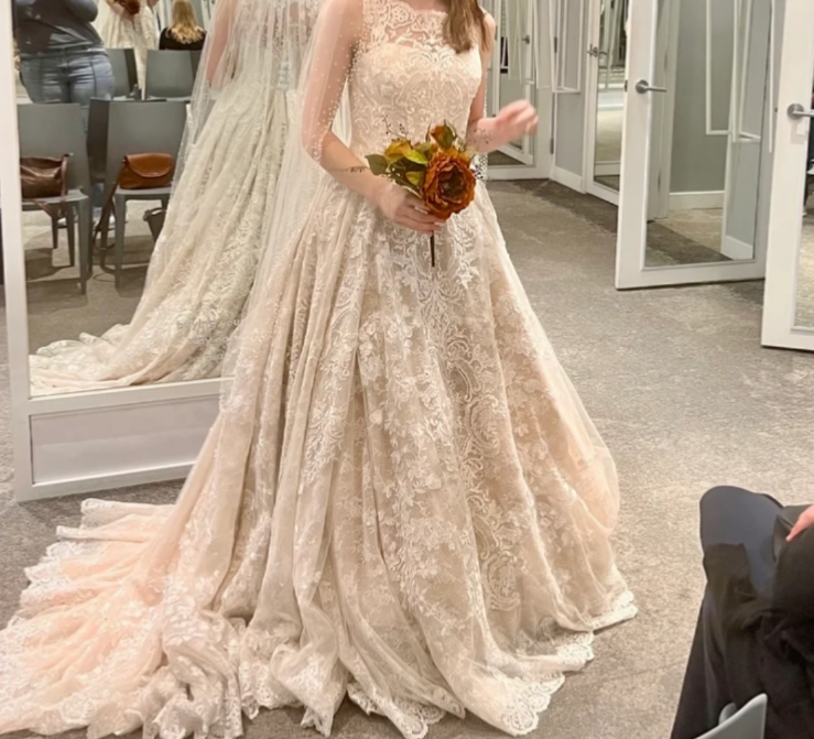 Size 6 - Oleg Cassini - Beaded Lace Wedding Gown - CWG780 - Champagne/Ivory  | eBay