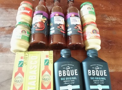 12 Teile Grillsaucen Lebensmittelpaket BBQ,Tabasco,Senf,Chilisauce MHD teils abg
