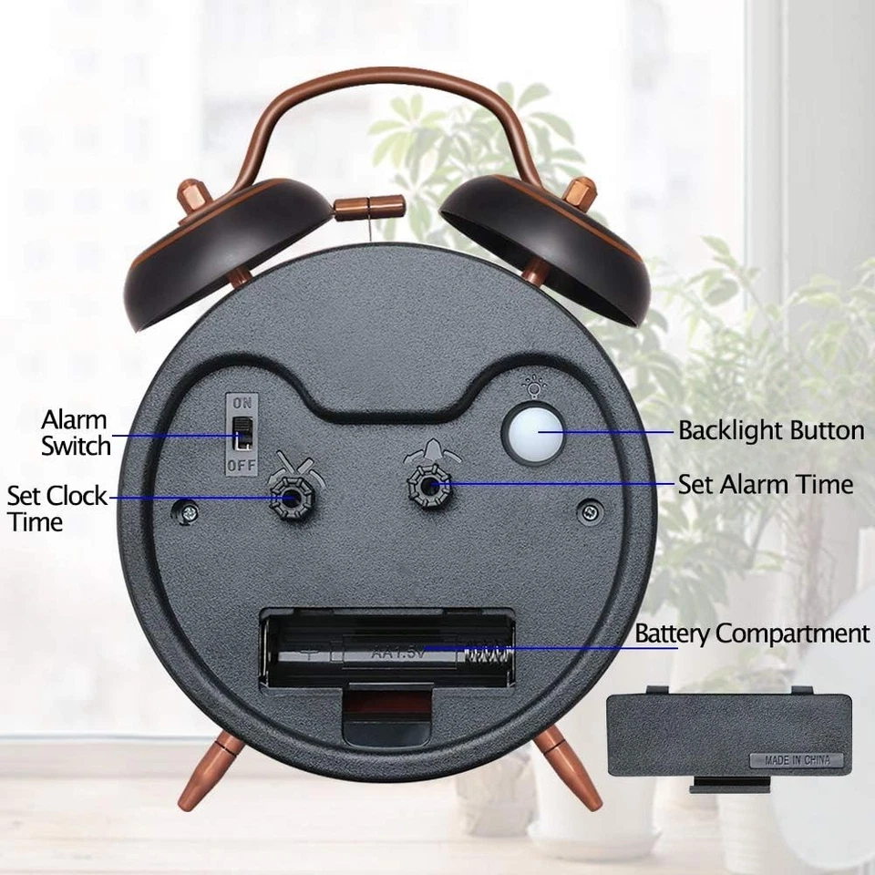 Retro Battery Operated Twin Bell Loud Alarm Clock Black Arabic Numerals - Image 3 of 4