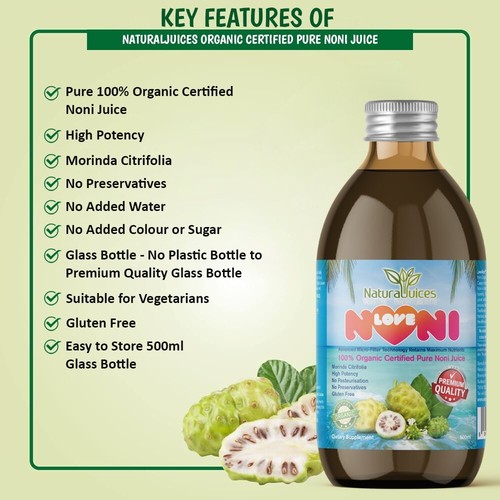 Natural Juices Pure Organic Certified Noni Juice 500ml Premium Glass Bottle - Picture 5 of 8