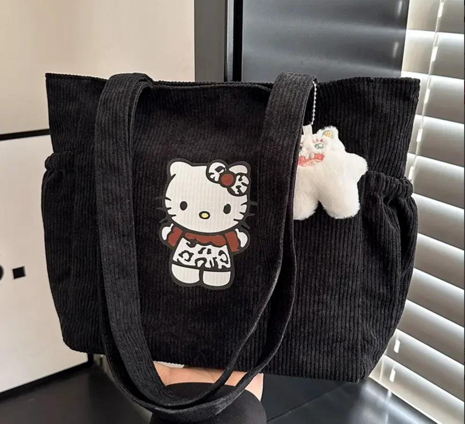 Bolso de Hombro Hello Kitty Estampado de Leopardo Negro Pana Mujer Bolso de Mano Cheetah KT Foto 2 de 4