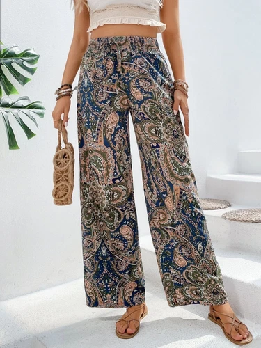 Damen Sommer Mode Blume Elastische Taille Weites Bein Hose- - Bild 26 von 29