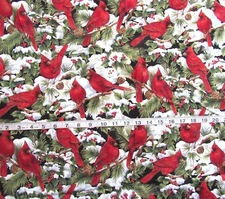 1 1/8 yd 100% Cotton Fabric Winter Scene with Red Cardinals, Pine, Ivy & Berries