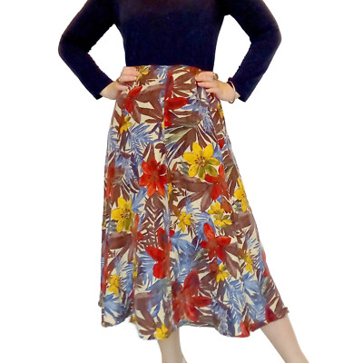 Vintage Midi Maxi Skirt Tropical Floral Flared Painterly Flowers Silk