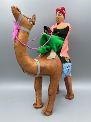 Leather Camel with Rider Hand Stitched Folk Art Figure Vintage 10 Inches High